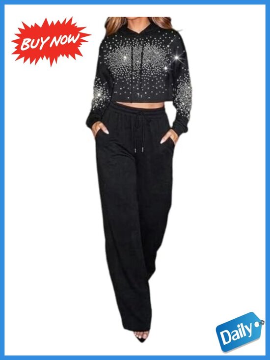 Pants - Rhinestone Hoodie Sweatpants Set 2 Piece Cropped Wide Leg Drawstring Womens